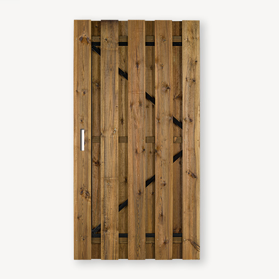 Tuindeur Solide bruin grenen gem. doorkijk | zwart frame