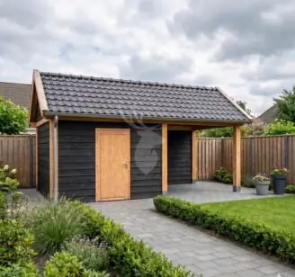 Zadeldak overkapping | hout zwart | 600x300 cm