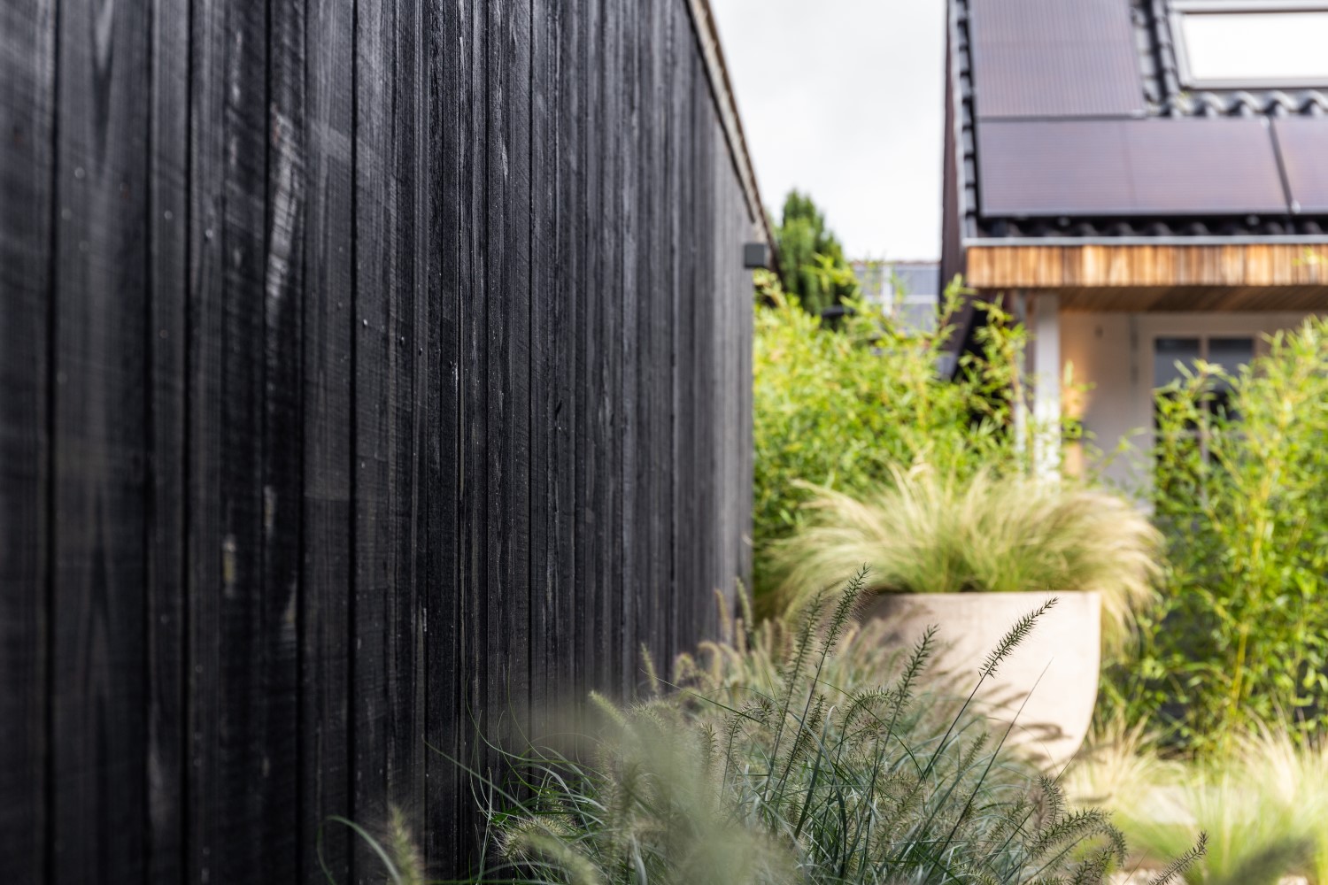 Een mooi contrast van het zwarte hout met de natuurlijke kleuren van de planten.